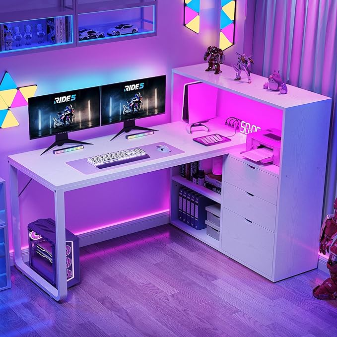 DWVO L Shaped Desk with Drawers, 55" Corner Computer Desk with Bookshelf & Power Outlets & LED Lights, Home Office Desk with Storage Shelves, White - LeafyLoom