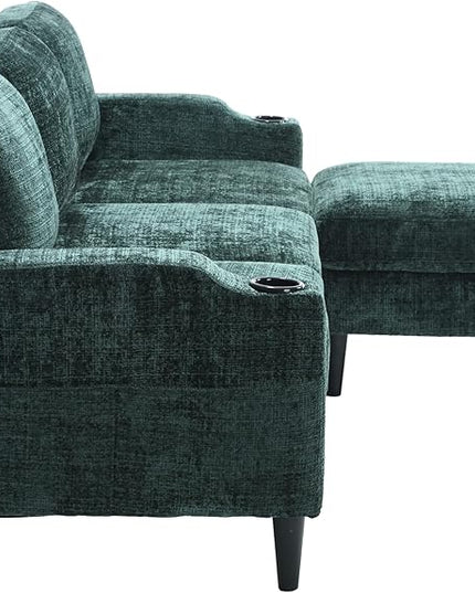 Convertible Sectional Sofa with Movable Storage Ottoman and Cupholders, 3 Seater L-Shaped Corner Couch,Chenille Upholstered Furniture w/Detachable Thicked Cushions for Living Room, Small Space - LeafyLoom