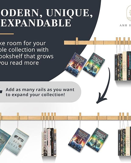 Floating Wall Bookshelf - Wall Mounted Book Organizer with Included Bookmarks - Hardwood Hanging Bookshelf for Bedroom, Living Room, or Kitchen - A Thoughtful Gift for Book Lovers (Natural) - LeafyLoom