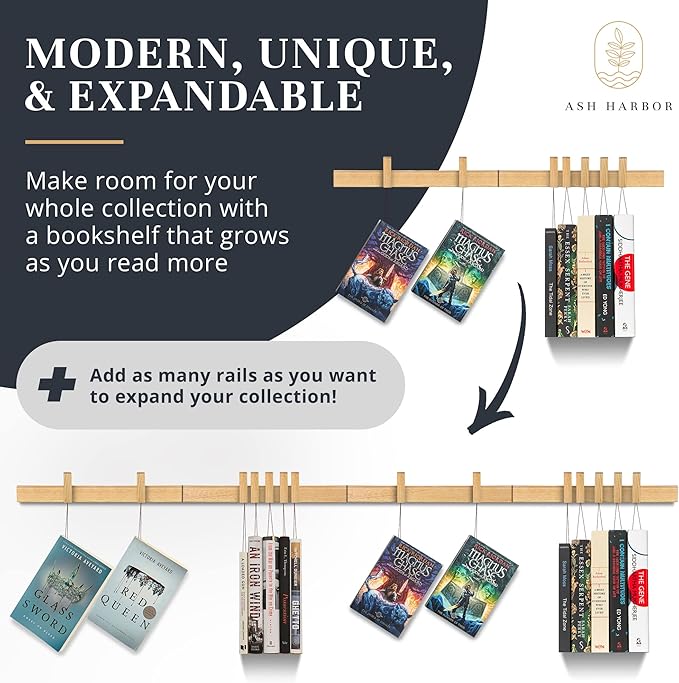 Floating Wall Bookshelf - Wall Mounted Book Organizer with Included Bookmarks - Hardwood Hanging Bookshelf for Bedroom, Living Room, or Kitchen - A Thoughtful Gift for Book Lovers (Natural) - LeafyLoom