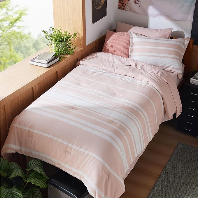 Bedsure Twin XL Comforter Set for College Girls, Pink Striped Bedding Comforter Sets All Season Bed Set with 1 Pillow Sham, Flat Sheet, Fitted Sheet and 1 Pillowcase - LeafyLoom