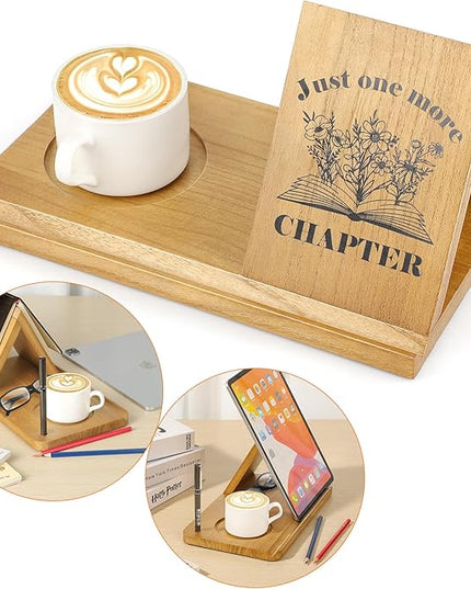 Book Holder, Triangle Small Bookshelf, Unique Book Nook Reading Valet with Cup, Glasses & Pen Holder, Wooden Mini Bookshelf, Book Lovers Gift Ideas - LeafyLoom
