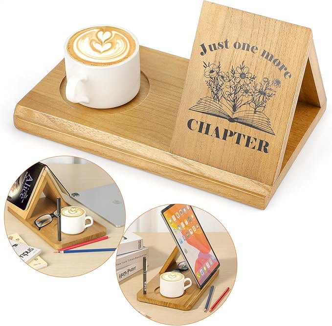 Book Holder, Triangle Small Bookshelf, Unique Book Nook Reading Valet with Cup, Glasses & Pen Holder, Wooden Mini Bookshelf, Book Lovers Gift Ideas - LeafyLoom