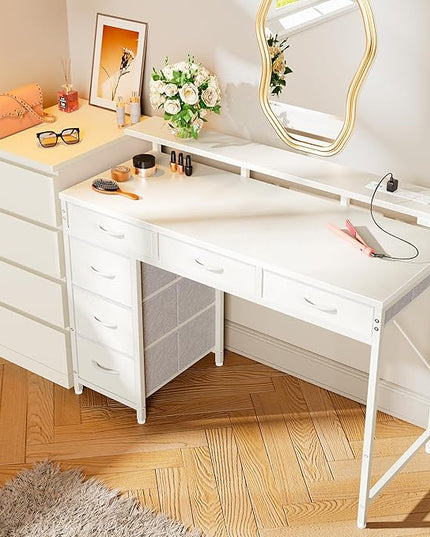 Gaming Desk with 6 Drawers, Computer Desk with LED Lights Power Outlets and Type-C, 39 Inch Office Desk with Storage, Monitor Stand, Writing Desk Work Desk Home Office, Bedroom, Study, White - LeafyLoom