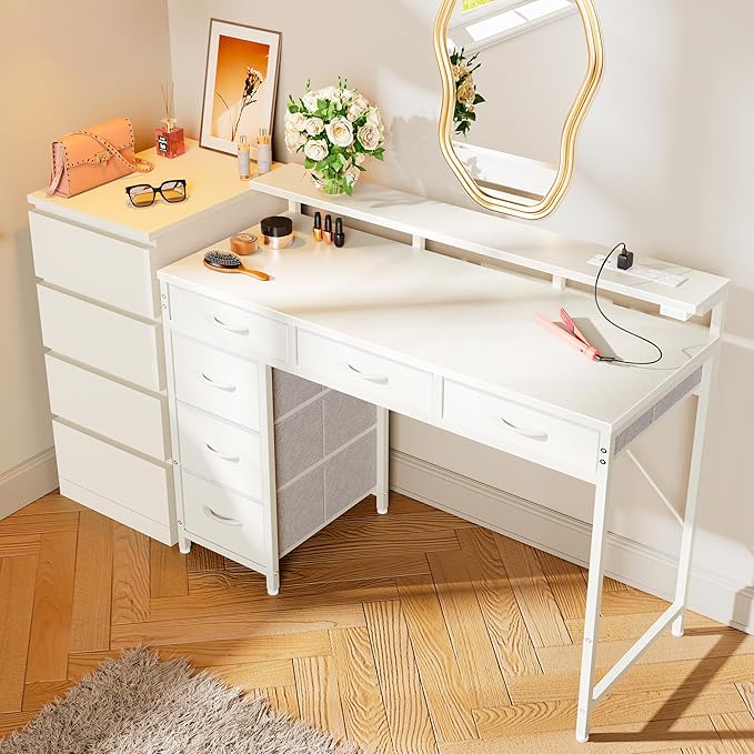 Gaming Desk with 6 Drawers, Computer Desk with LED Lights Power Outlets and Type-C, 39 Inch Office Desk with Storage, Monitor Stand, Writing Desk Work Desk Home Office, Bedroom, Study, White - LeafyLoom