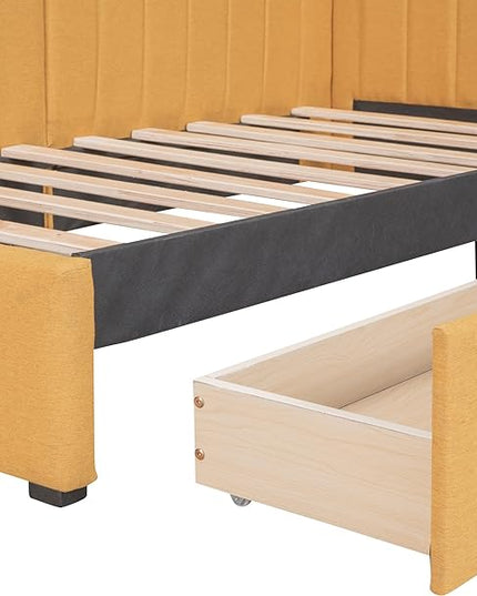 Twin Size Upholstered Daybed with 2 Storage Drawers,Solid Wood Sofa Bed Frame W/Linen Fabric Backrest,No Box Spring Needed,for Living Room Bedroom Apartment Yellow - LeafyLoom