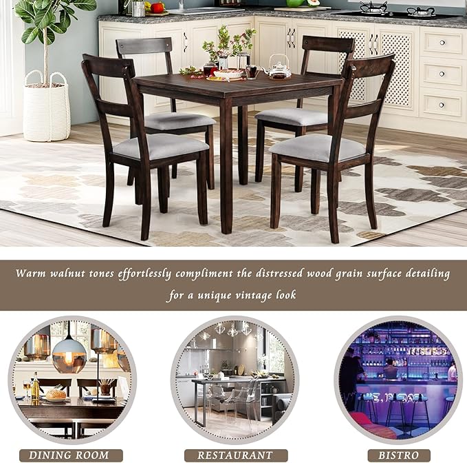 NicBex Small Dining Table Set for 4 Breakfast Nook Table Set 5 Piece Dining Table Set Industrial Wooden Kitchen Table and 4 Chairs for Dining Room, Living Room, Espresso - LeafyLoom