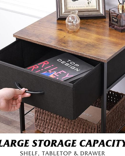 WLIVE Night Stand, Side Table with Fabric Storage Drawer, Small Nightstand, Bedside Table End Table for Bedroom, Dorm, Open Wood Shelf, Steel Frame, Black and Rustic Brown - LeafyLoom