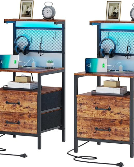 Tall Nightstand Set of 2 with Charging Station and LED Lights, Night Stand with Fabric Drawers, Bedside Table 36.4 Inch with Storage Shelves, Side Table, Mesh Shelves with Hooks, Rustic Brown - LeafyLoom