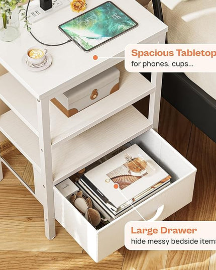 SUPERJARE Nightstand with Charging Station, Bed Side Table with Adjustable Fabric Drawer, Night Stand for Bedroom, 3-Tier Storage End Table, for Living Room, White - LeafyLoom