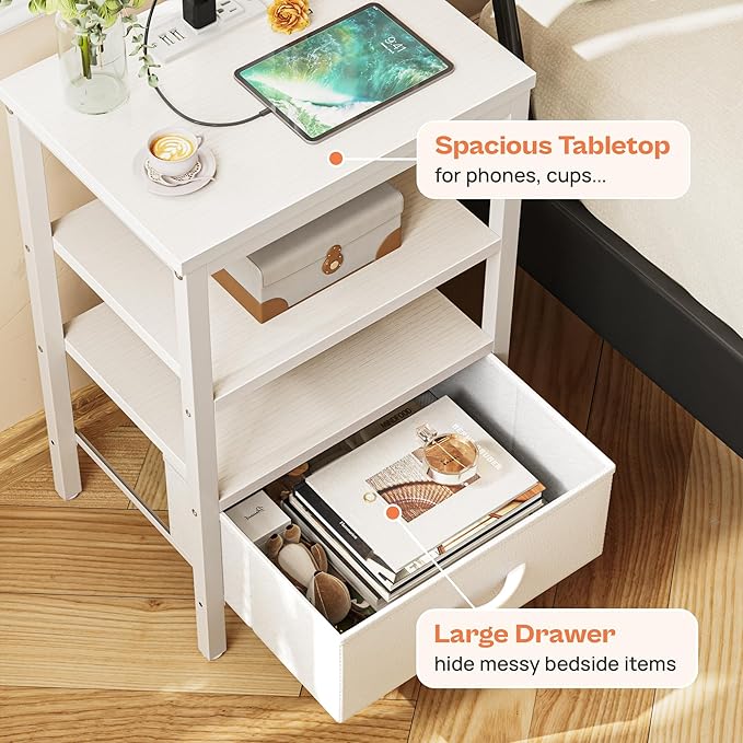 SUPERJARE Nightstand with Charging Station, Bed Side Table with Adjustable Fabric Drawer, Night Stand for Bedroom, 3-Tier Storage End Table, for Living Room, White - LeafyLoom