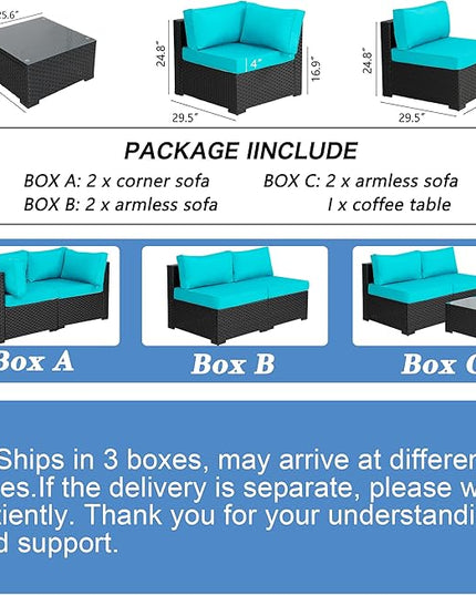 Shintenchi 7 Pieces Outdoor Patio Sectional Sofa Couch, Black PE Wicker Furniture Conversation Sets with Washable Cushions & Glass Coffee Table for Garden, Poolside, Backyard (Blue) - LeafyLoom