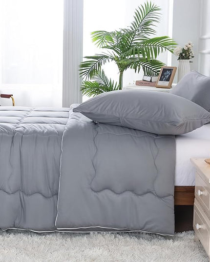 COTTEBED Ultra-Soft Comforter Set Queen/Full Size Bed, Jersey Knit T-Shirt Feeling Fluffy Cozy Comy Durable Lightweight Quilt Bedding Down Blanket & 2 Pillowcase for All Season Use, Dark Grey - LeafyLoom