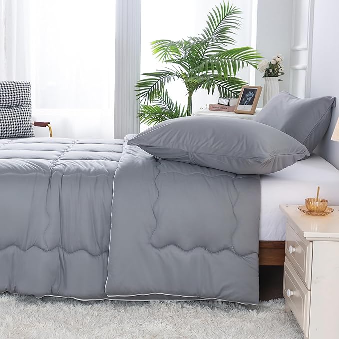 COTTEBED Ultra-Soft Comforter Set Queen/Full Size Bed, Jersey Knit T-Shirt Feeling Fluffy Cozy Comy Durable Lightweight Quilt Bedding Down Blanket & 2 Pillowcase for All Season Use, Dark Grey - LeafyLoom