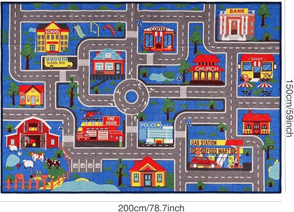 Kids Carpet Playmat Rug 78.7"x59", Car Rug for Kids Cars, Non-Slip Town City Road Map Kids Rug for Playroom Bedroom Boys, Kids Car Mat Road Rug, Track Rug Car Play Rug for Kids (78.7X59Inch,Blue) - LeafyLoom