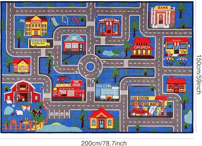 Kids Carpet Playmat Rug 78.7"x59", Car Rug for Kids Cars, Non-Slip Town City Road Map Kids Rug for Playroom Bedroom Boys, Kids Car Mat Road Rug, Track Rug Car Play Rug for Kids (78.7X59Inch,Blue) - LeafyLoom