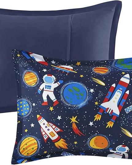 Mi Zone Kids Jason Cozy Comforter Outer Space Rocket Ships, Astronauts Print, All Season Cover, Hypoallergenic Bedding Set, Matching Sham, Decorative Pillow, Twin(66" Wx86 L), Multi 3 Piece - LeafyLoom