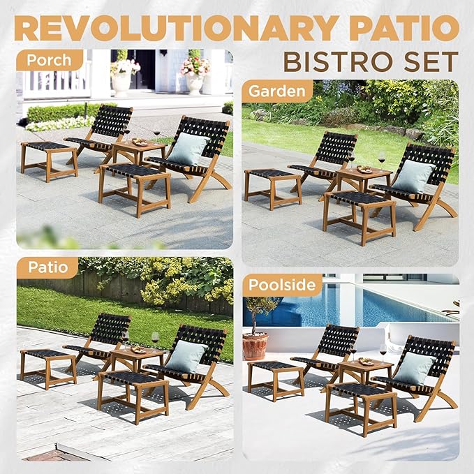 Design Heavy Duty 400lbs Capacity Patio Bistro Piece with Ottomans Outdoor, Onesize, Foldable Reclining Set 5 - LeafyLoom