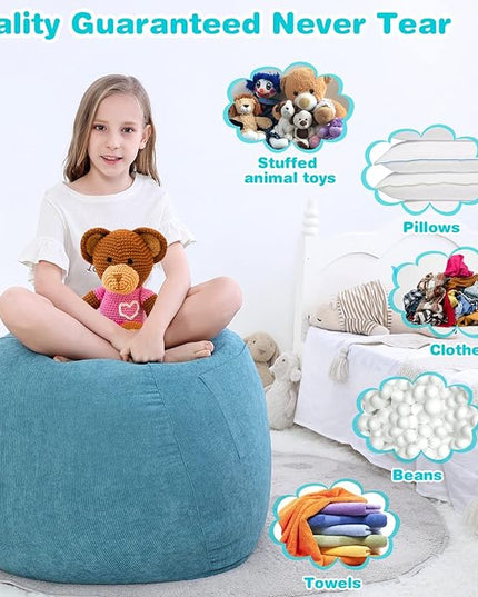 Stuffed Animal Storage Bean Bag Chair Cover (No Filler) for Kids and Adults.Soft Premium Corduroy Stuffable Beanbag for Organizing Children Plush Toys or Memory Foam Small 100L(LightBlue) - LeafyLoom