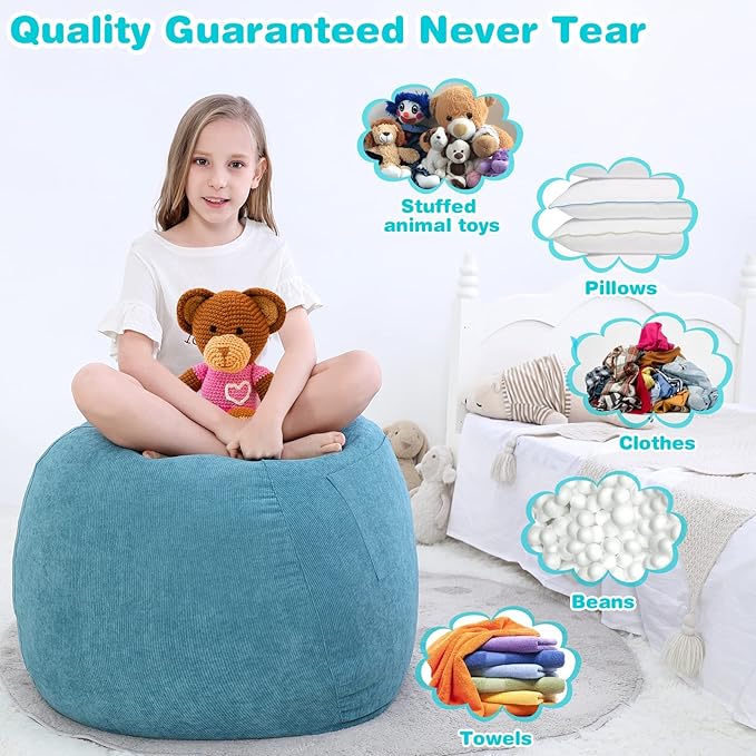 Stuffed Animal Storage Bean Bag Chair Cover (No Filler) for Kids and Adults.Soft Premium Corduroy Stuffable Beanbag for Organizing Children Plush Toys or Memory Foam Small 100L(LightBlue) - LeafyLoom