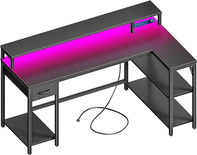 SUPERJARE 53 inch Reversible L Shaped Desk with LED Lights & Power Outlets, Computer Desk with Shelves & Monitor Stand, Gaming Desk with Drawer, Home Office Desk Corner Desk, Carbon Fiber Black - LeafyLoom