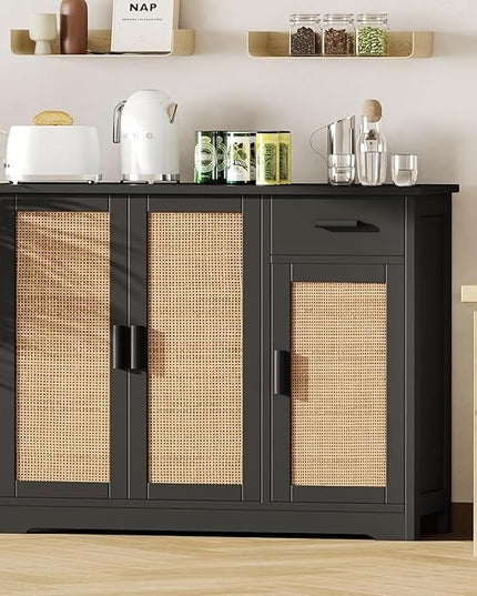 Irontar Kitchen Storage Cabinet, Sideboard Buffet Cabinet with Rattan Decorated Doors, Farmhouse Console Table with Drawer, Coffee Bar, Accent Table for Living Room, Black and Natural CWG010BM - LeafyLoom