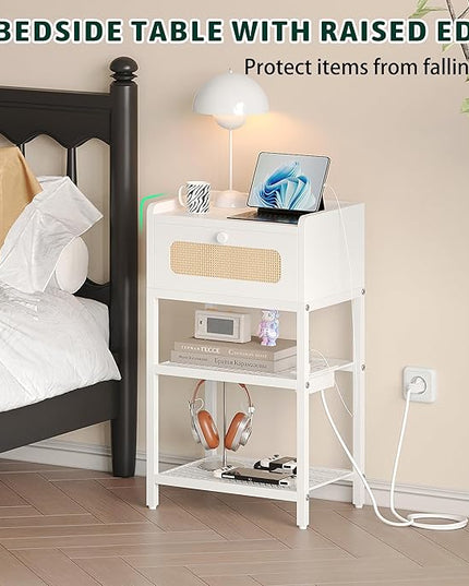 Night Stand, Side Table with Rattan Drawer, Nightstand with Charging Station, Industrial Bedside Table with 3-Tier Storage, White JET003CW1 - LeafyLoom