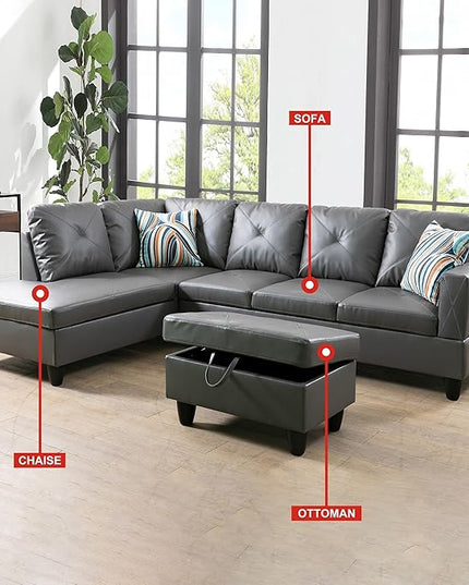 3-Piece L-Shaped Sectional Couches Lounge & Storage Modular Living Room Home Office, 3pcs 97'' Sofa+66.5'' Chaise+28.5'' Ottoman(Left), Dark Grey Faux Leather - LeafyLoom