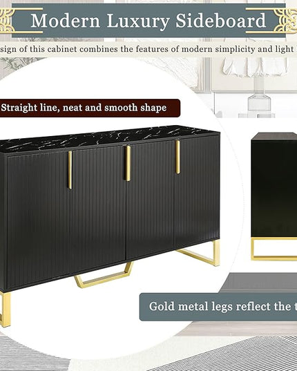 60" Modern Sideboard Buffet Cabinet with Four Doors,Metal Handles & Legs,Multifunctional MDF Storage Cupboard,W/Adjustable Shelves,for Hallway,Entryway Passage,Bedroom,Black - LeafyLoom