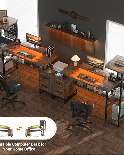 Computer Desk with 2 Fabric Drawers - Reversible Home Office Desk with Power Outlet & LED Lights, 53" Writing Desk with Monitor Stand & Storage Shelves, Gaming Desk with Pegboard, Rustic Brown - LeafyLoom