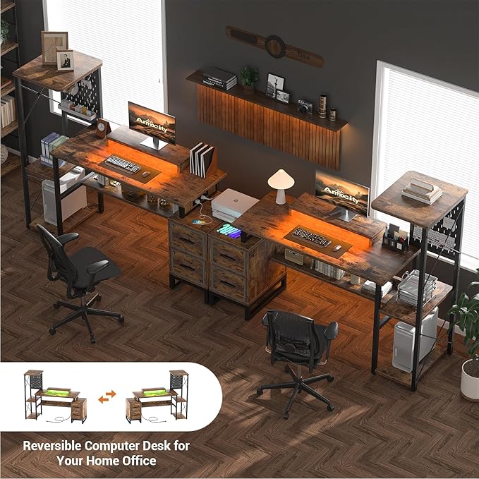 Computer Desk with 2 Fabric Drawers - Reversible Home Office Desk with Power Outlet & LED Lights, 53" Writing Desk with Monitor Stand & Storage Shelves, Gaming Desk with Pegboard, Rustic Brown - LeafyLoom