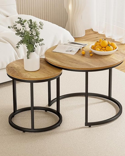 Nesting Coffee Table Set of 2, 23.6" Round Coffee Table Brown Wood with Adjustable Non-Slip Feet, Industrial End Table Side Tables for Living Room Bedroom Balcony Yard - LeafyLoom