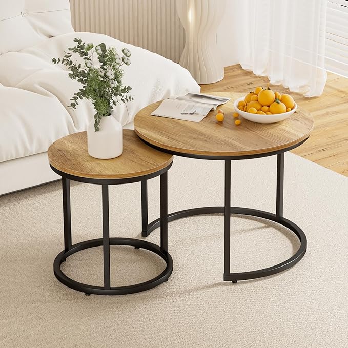 Nesting Coffee Table Set of 2, 23.6" Round Coffee Table Brown Wood with Adjustable Non-Slip Feet, Industrial End Table Side Tables for Living Room Bedroom Balcony Yard - LeafyLoom
