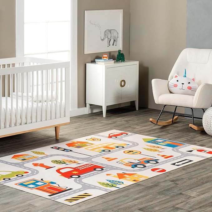 nuLOOM Carmina City Streets Machine Washable Kids Ultra Thin Area Rug, 5' x 8', White Multi - LeafyLoom
