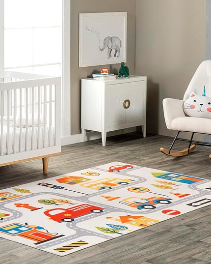 nuLOOM Carmina City Streets Machine Washable Kids Ultra Thin Area Rug, 4' x 6', White Multi - LeafyLoom