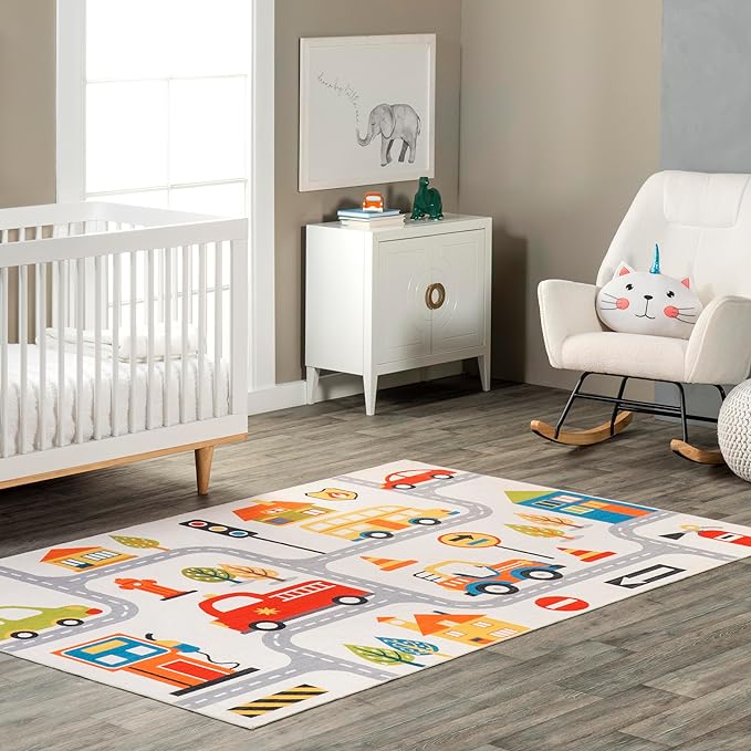 nuLOOM Carmina City Streets Machine Washable Kids Ultra Thin Area Rug, 4' x 6', White Multi - LeafyLoom
