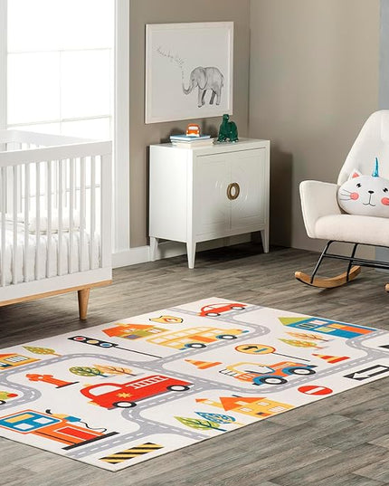 nuLOOM Carmina City Streets Machine Washable Kids Ultra Thin Area Rug, 7' x 9', White Multi - LeafyLoom