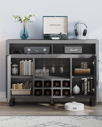 DWVO Coffee Bar Cabinet, 47" Modern Sideboard Buffet Cabinet with Storage, Wine Bar Cabinets with Wine and Glass Rack, Console Table for Kitchen & Living Room, Grey Oak - LeafyLoom