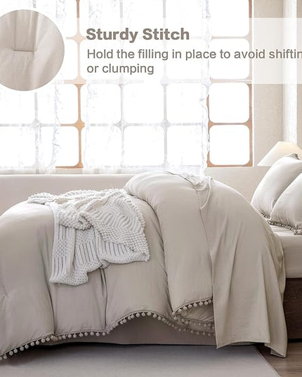 Litanika Comforter Full Size Set Linen Grey,3 Pieces Linen Grey Boho Pom Pom Lightweight Bed Comforter Full,All Season Solid Color Bedding Comforter Sets (1 Comforter 79x90 Inch, 2 Pillowcases) - LeafyLoom