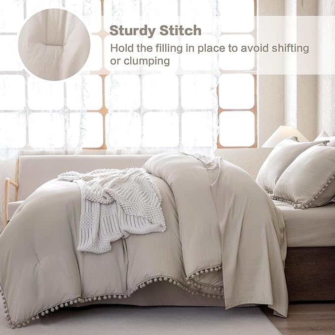 Litanika Comforter Full Size Set Linen Grey,3 Pieces Linen Grey Boho Pom Pom Lightweight Bed Comforter Full,All Season Solid Color Bedding Comforter Sets (1 Comforter 79x90 Inch, 2 Pillowcases) - LeafyLoom