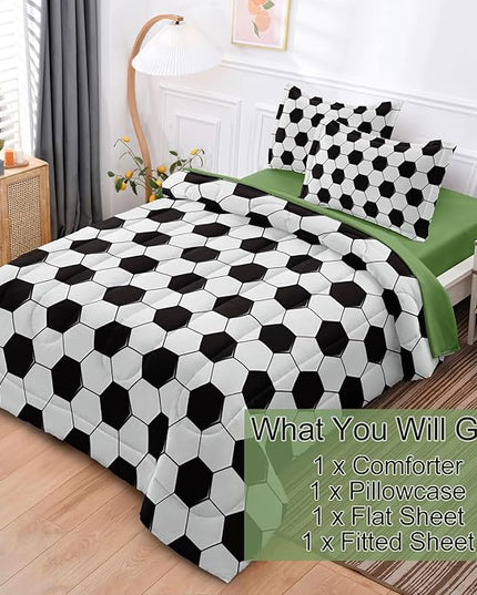 Soccer Comforter Set Twin for Boys Girls, 4 Pieces Soccer Bedding Twin Bed in a Bag Set with Sheets, Black and White Bed Sets for Teenage - LeafyLoom