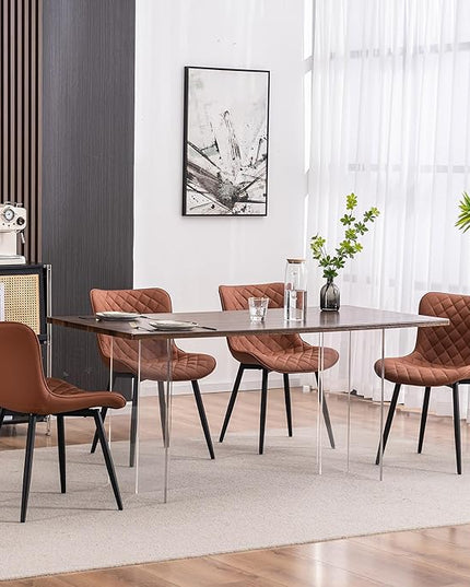 YOUTASTE Coffee Brown Dining Chairs Set of 2 Mid Century Modern PU Leather Diamond Upholstered Accent Guest Dinner Chair with Back Metal Legs for Kitchen Living Reception Waiting Room - LeafyLoom
