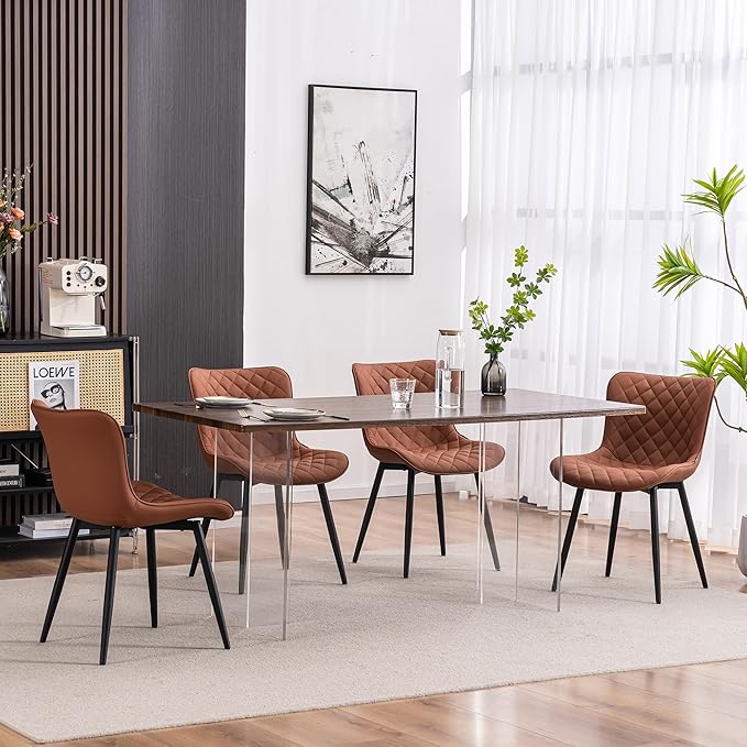 YOUTASTE Coffee Brown Dining Chairs Set of 2 Mid Century Modern PU Leather Diamond Upholstered Accent Guest Dinner Chair with Back Metal Legs for Kitchen Living Reception Waiting Room - LeafyLoom