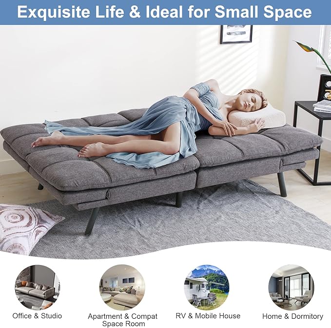 MUUEGM Futon Sofa Bed Couch Convertible Memory Foam Sleeper Love Seat,Modern Daybed for Living Room,Office,Small Space,Apartment,Adjustable Backrests Armrests,71" Sofabed, Pure Grey - LeafyLoom