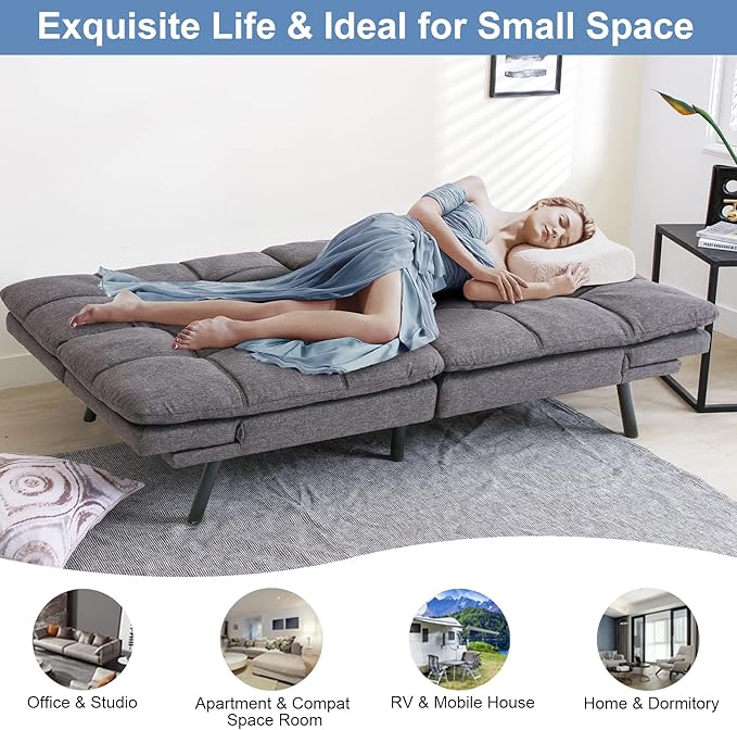 MUUEGM Futon Sofa Bed Memory Foam Futon Sofa Bed Convertible Sleeper Couch Bed,Modern Futon Couch Love Seat w/Adjustable Armrests,for Living Room Compact Spaces Offices Apartment,Studio,Grey - LeafyLoom