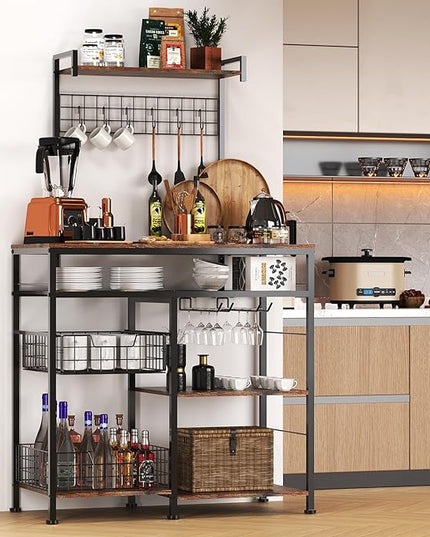 Farmhouse Coffee Bar Cabinet - 31" Sideboard Buffet Cabinet with 8 Hooks and Removable Sliding Storage Basket - Ideal for Kitchen& Dining&Living Room - Rustic Brown - LeafyLoom