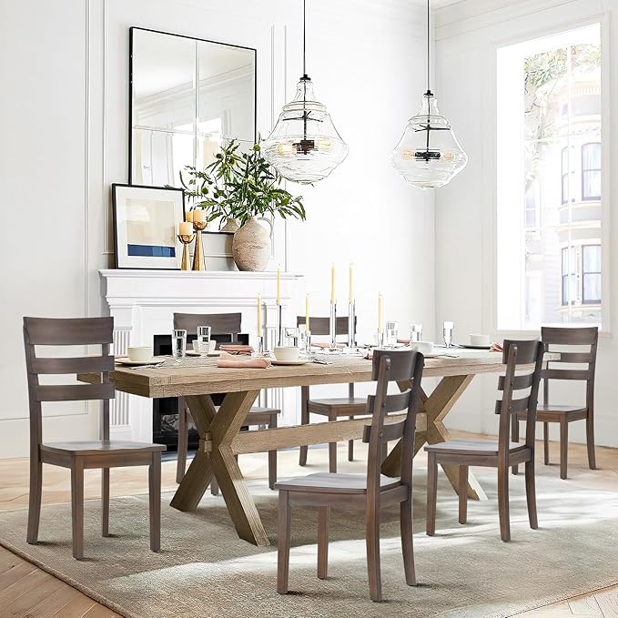 COLAMY Wooden Dining Chairs Set of 6, Ladder High Back Kitchen Side Chair, Farmhouse Armless Dining Room Chairs with Adjustable Foot Pegs, Light Brown - LeafyLoom