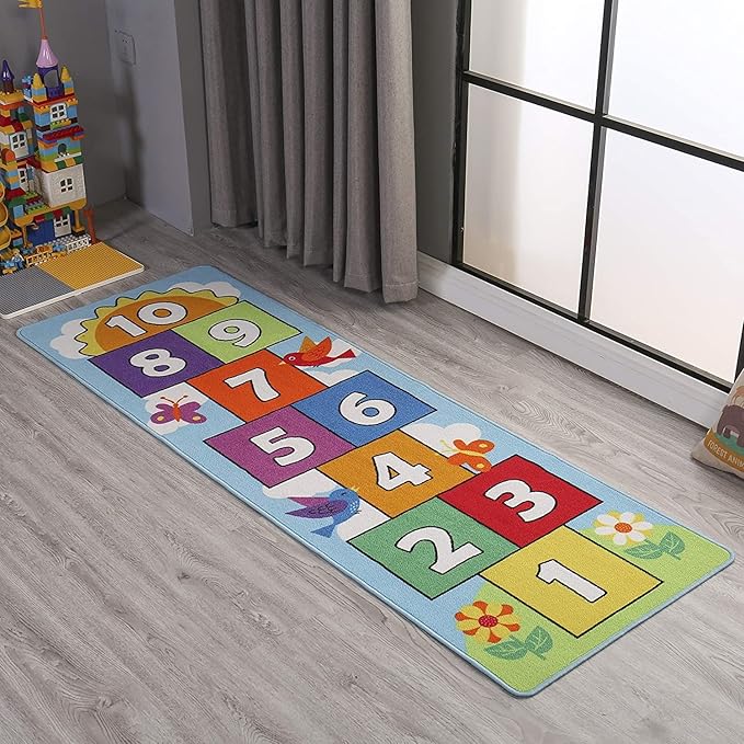 Hop and Count Hopscotch Rug, Kids Floor Play Area Rug Game Carpet Crawl Jump Mat, Children Numbers Learning Non-Slip Rug, Great for Ages 3 to 7 Boys Girls, Home Decor, 26''x78'' - LeafyLoom