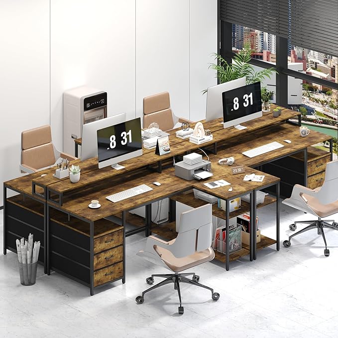 L Shaped Desk with 3 Drawer & 3 Open Shelf, Computer Desk with LED Lights & Power Outlets, Home Office Desk with Reversible Storage Shelves & Monitor Stand, Corner Desk for Small Space - LeafyLoom