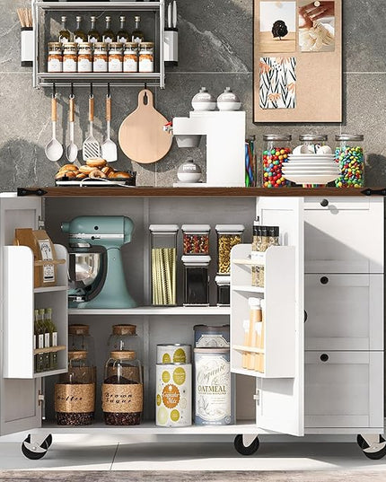 54.5" Farmhouse Island with Power Outlet & Drop Leaf, Rolling Kitchen Cart on Wheels w/Internal Storage, Spice, Towel Rack and Drawers, for Home, Dining Room, White, 54.5 Inch - LeafyLoom